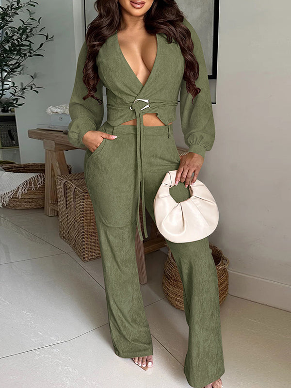 Tied V-Neck Top & Pants Set