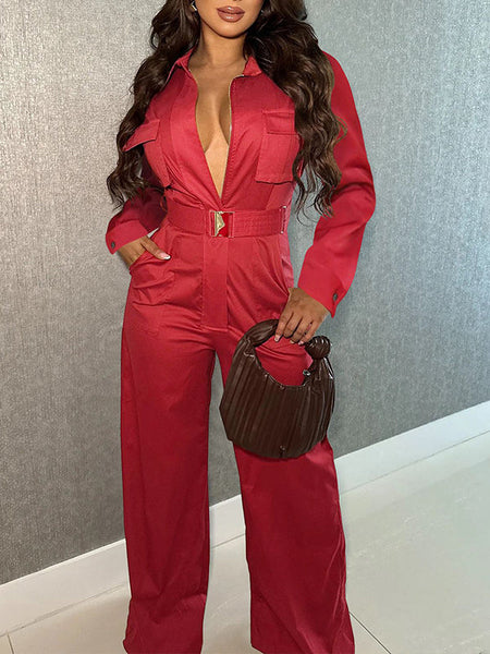 Zip-Front Belted Cargo Jumpsuit