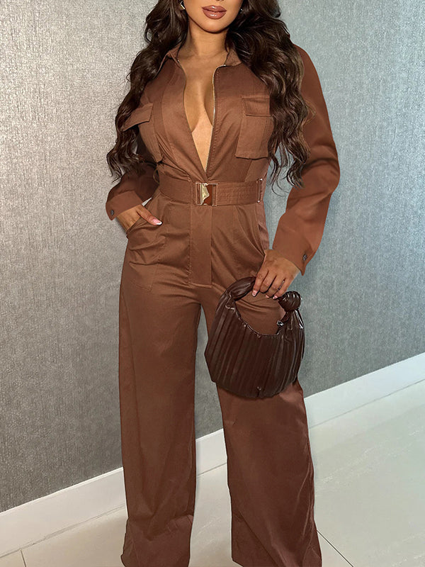 Zip-Front Belted Cargo Jumpsuit