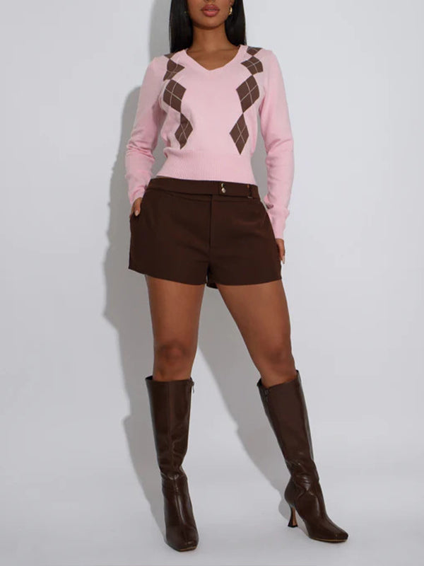 Diamond-Pattern V-Neck Sweater