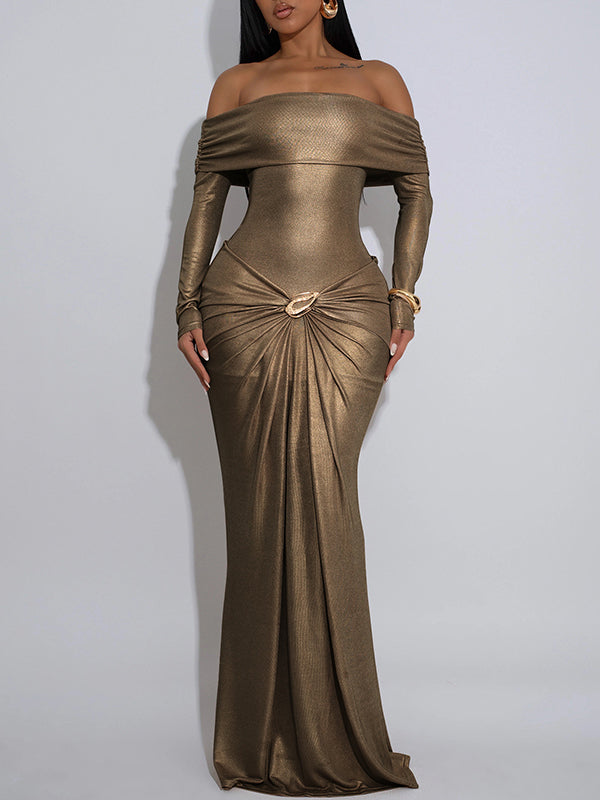 Metallic Off-Shoulder Maxi Dress