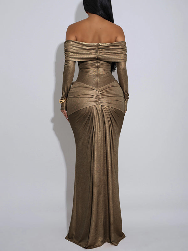 Metallic Off-Shoulder Maxi Dress