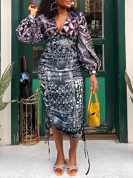 Printed V-Neck Drawstring Dress