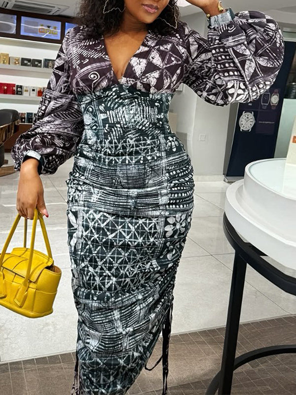 Printed V-Neck Drawstring Dress