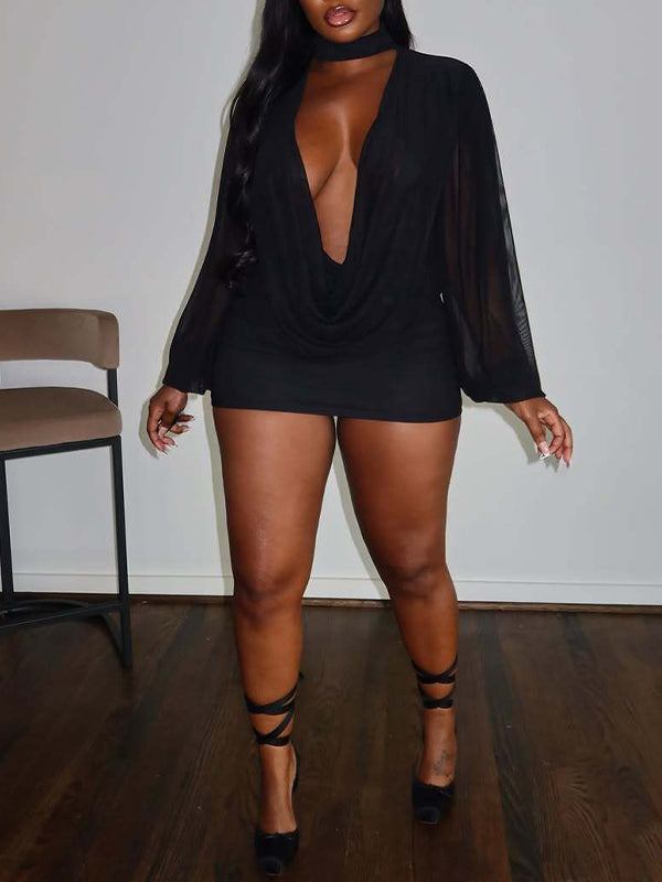 Sheer-Combo Plunge Dress