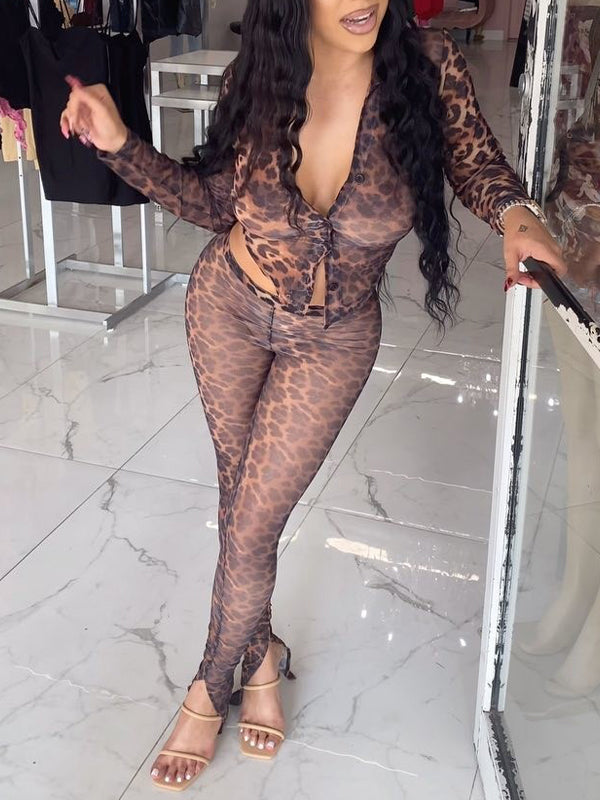 Leopard Sheer Shirt & Pants Set