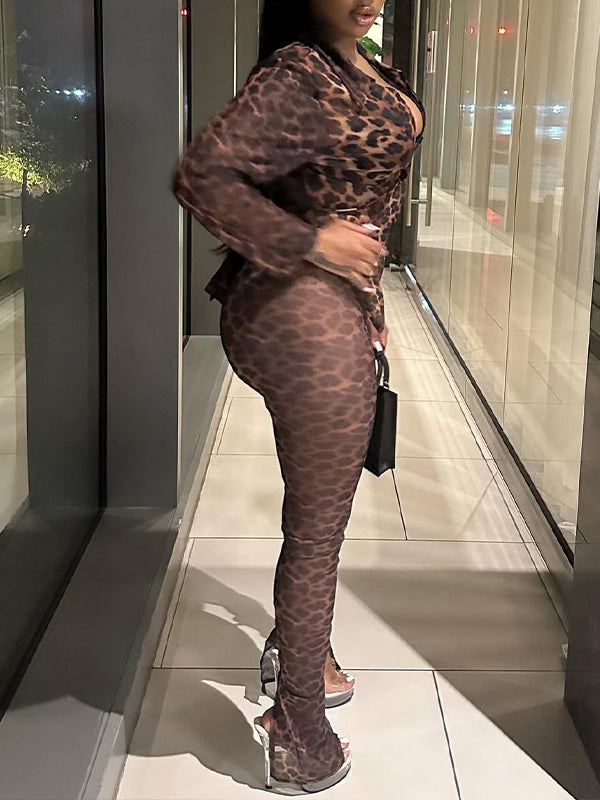 Leopard Sheer Shirt & Pants Set