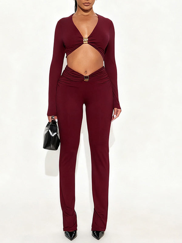Solid V-Neck Top & Skinny Pants Set