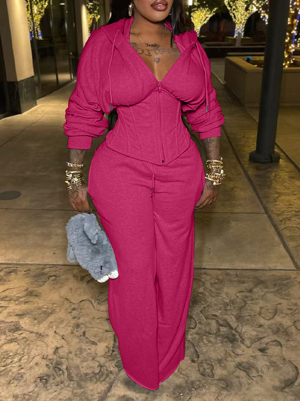 Solid Lace-Up Hoodie & Pants Set