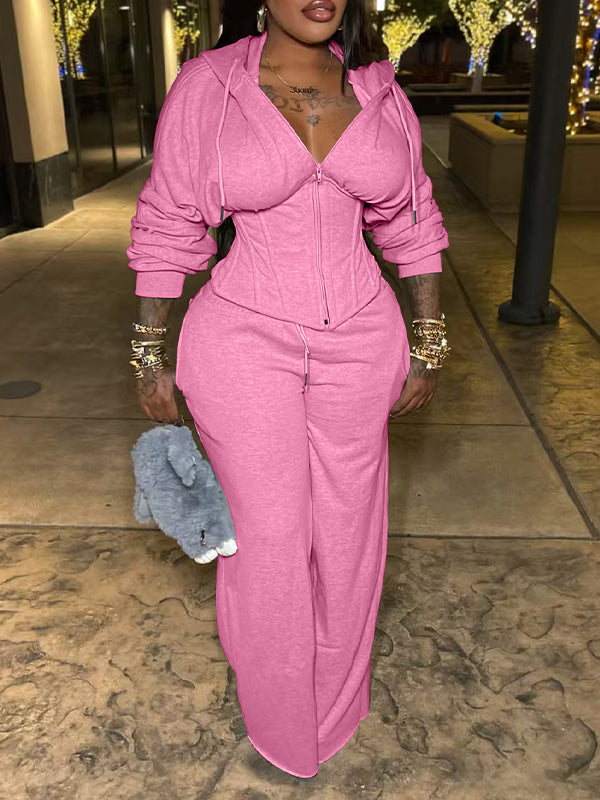 Solid Lace-Up Hoodie & Pants Set