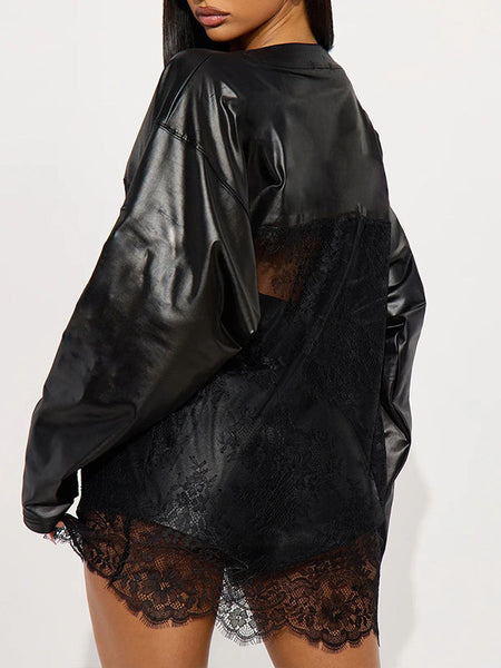 Faux-Leather Lace-Combo V-Neck Top