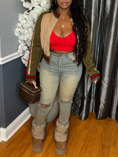 Colorblock Zip-Front Knit Jacket