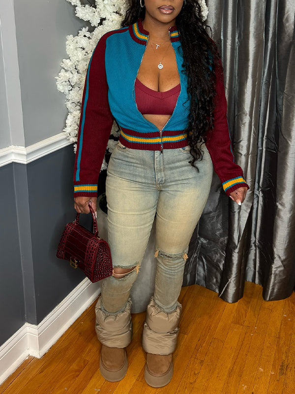 Colorblock Zip-Front Knit Jacket