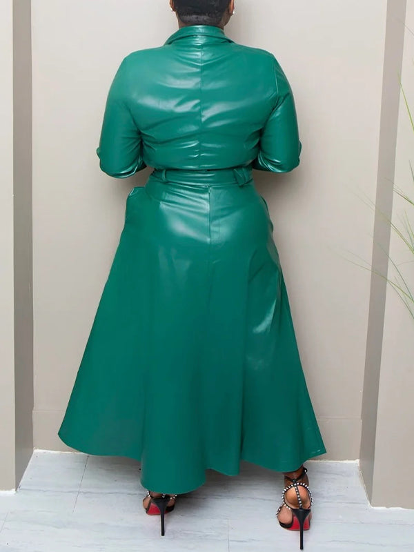 Faux-Leather Blazer & Belted Skirt Set