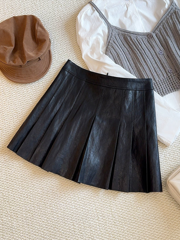 Faux-Leather Pleated Skirt