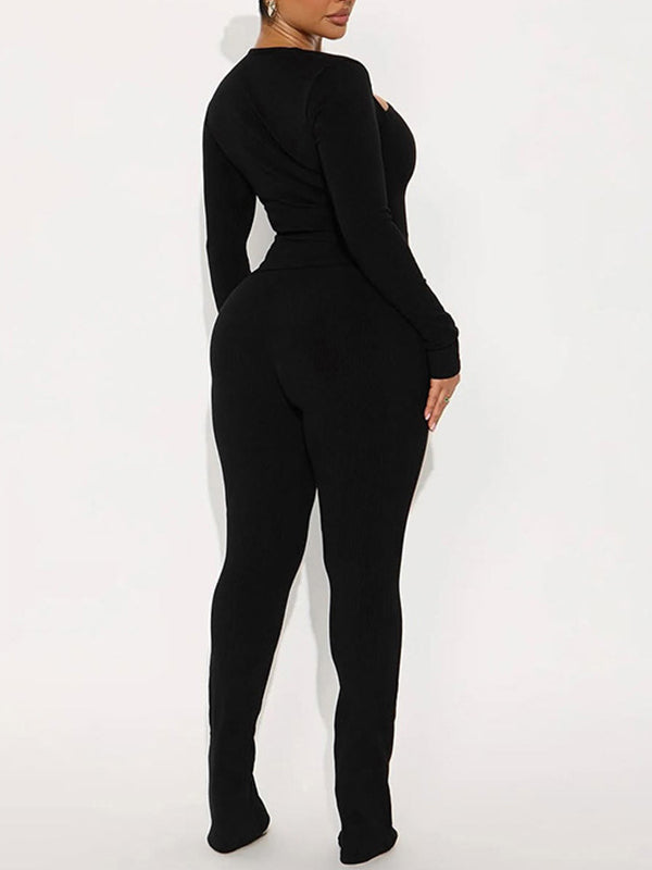 Solid Asymmetric-Neck Top & Pants Set