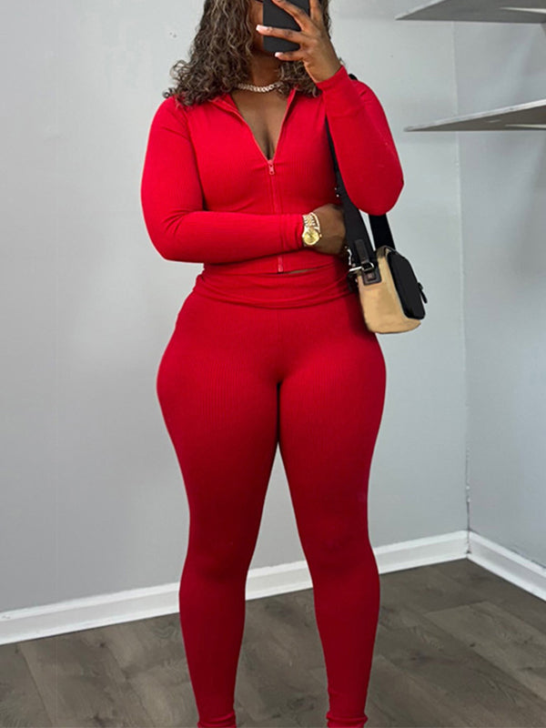 Solid Zip-Front Hoodie & Pants Set