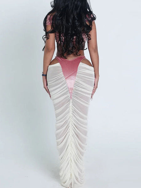 Off-Shoulder Bandeau Top & Sheer-Combo Skirt Set