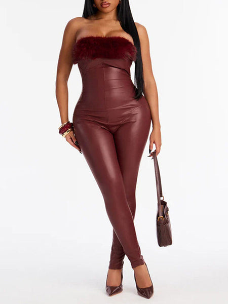 Faux-Fur Combo Faux-Leather Jumpsuit