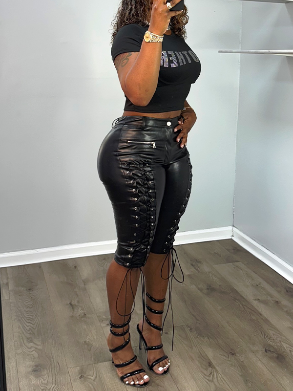 Lace-Up Faux-Leather Capri Pants