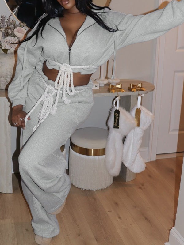 Zip-Front Hoodie & Wide-Leg Pants Set