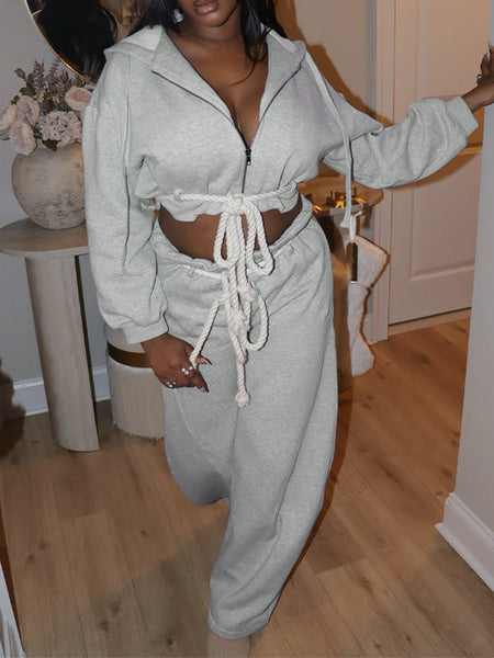 Zip-Front Hoodie & Wide-Leg Pants Set