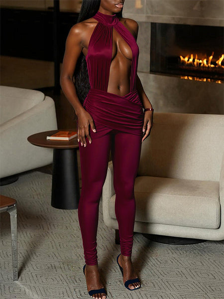 Solid Cutout Halter Jumpsuit