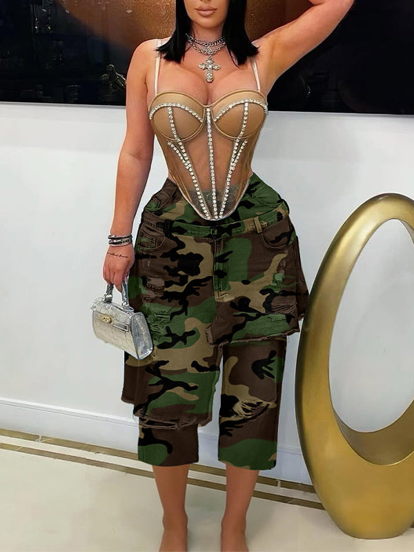 Camo Double-Waist Capri Jeans