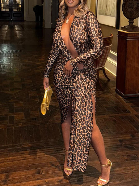 Leopard Plunge Slit Dress