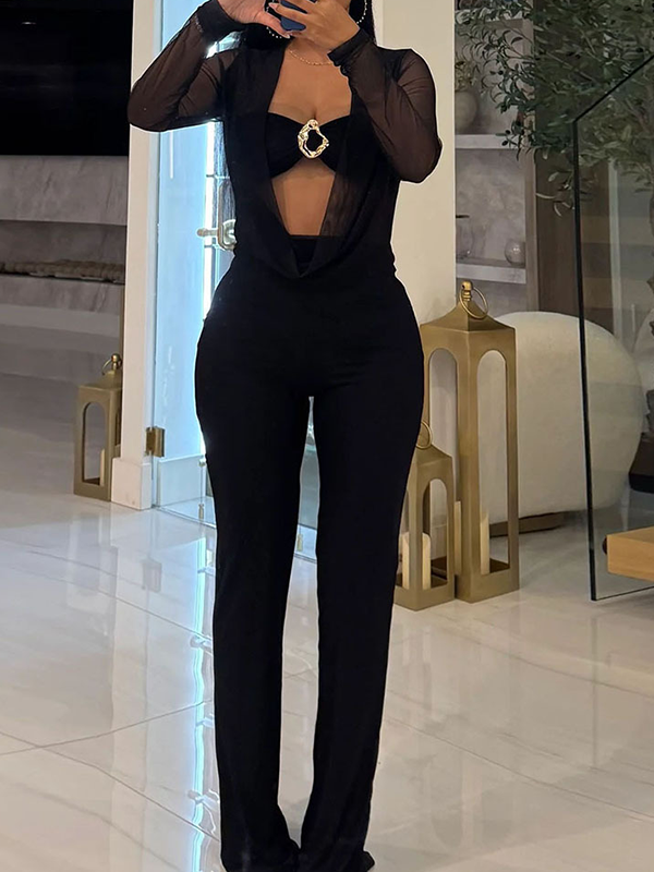 Cowl-Neck Sheer-Combo Jumpsuit