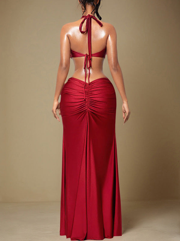 Halter Slit Ruched Dress