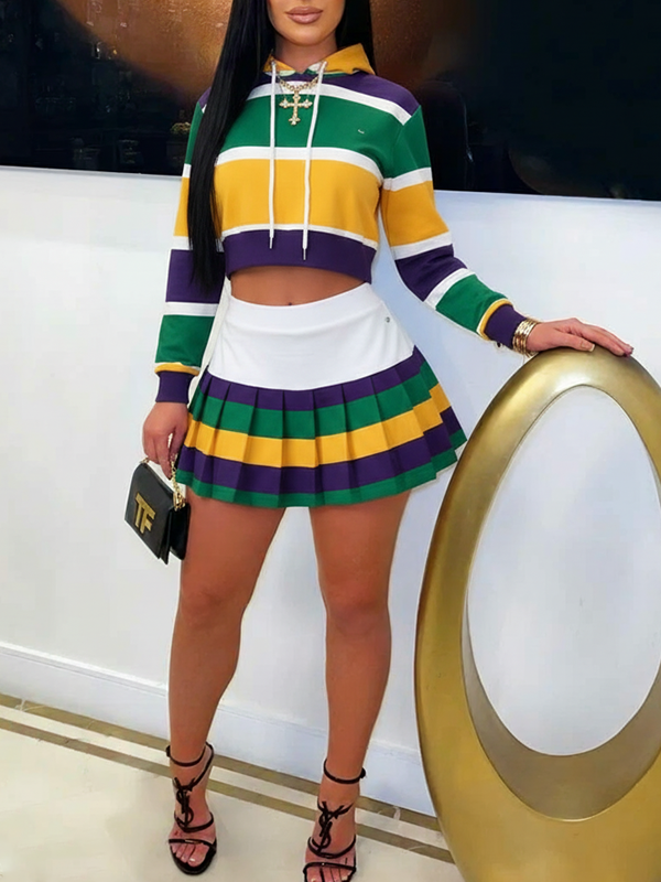 Colorblock Hoodie & Pleated Skirt Set