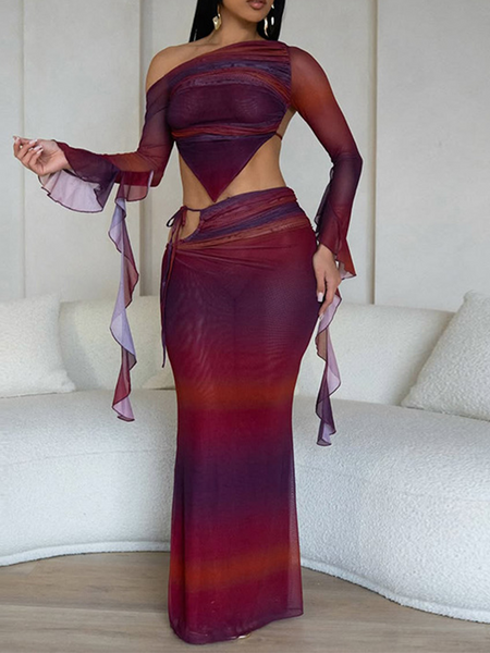 Printed Boat-Neck Tied Top & Skirt Set