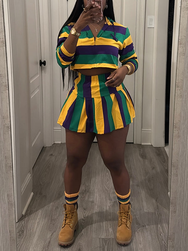 Colorblock Zip Hooide & Skirt Set