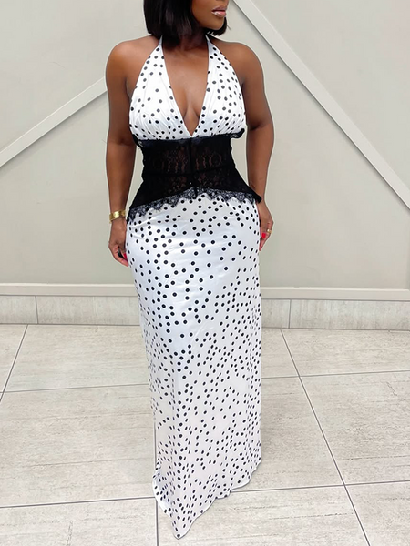 Lace-Combo Dot Halter Dress