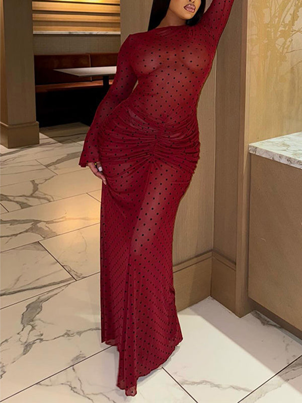 Dot Ruched Maxi Dress