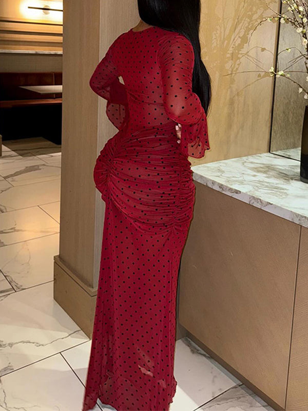 Dot Ruched Maxi Dress