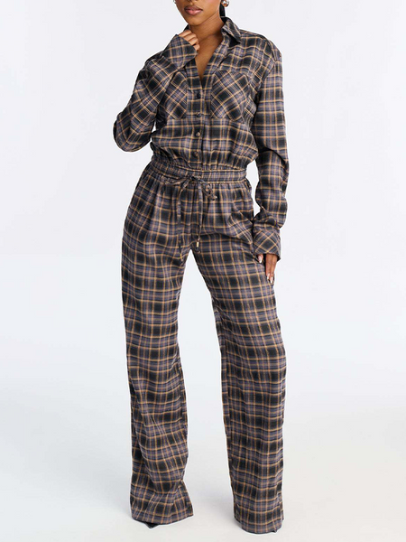 Plaid Button-Front Jumpsuit