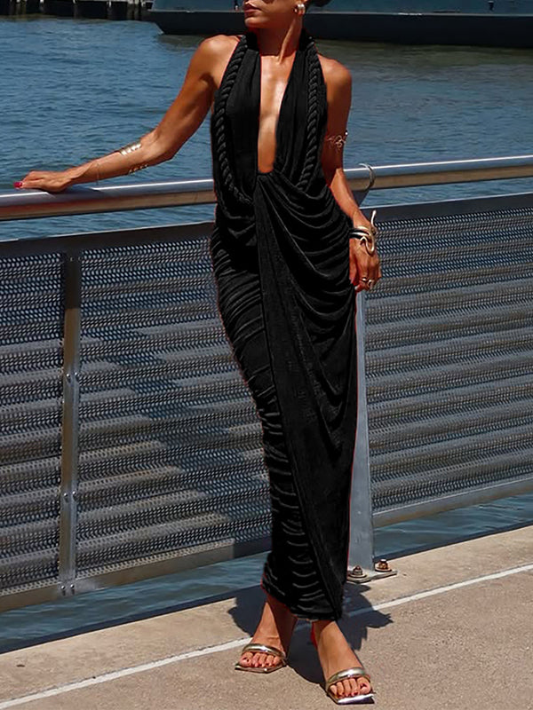 Solid Ruched Halter Dress