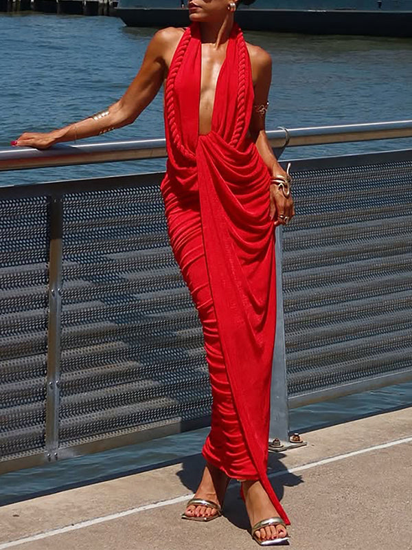 Solid Ruched Halter Dress