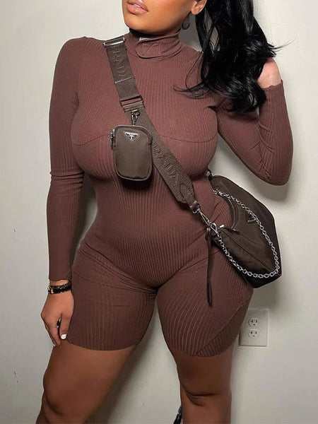 Mock-Neck Ribbed Romper