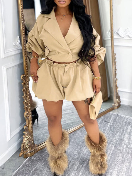 Lapel Jacket & Bubble Shorts Set