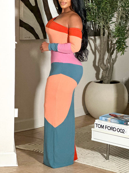 Colorblock Boat-Neck Maxi Dress