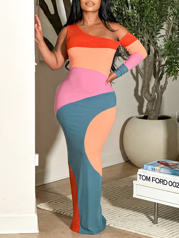 Colorblock Boat-Neck Maxi Dress