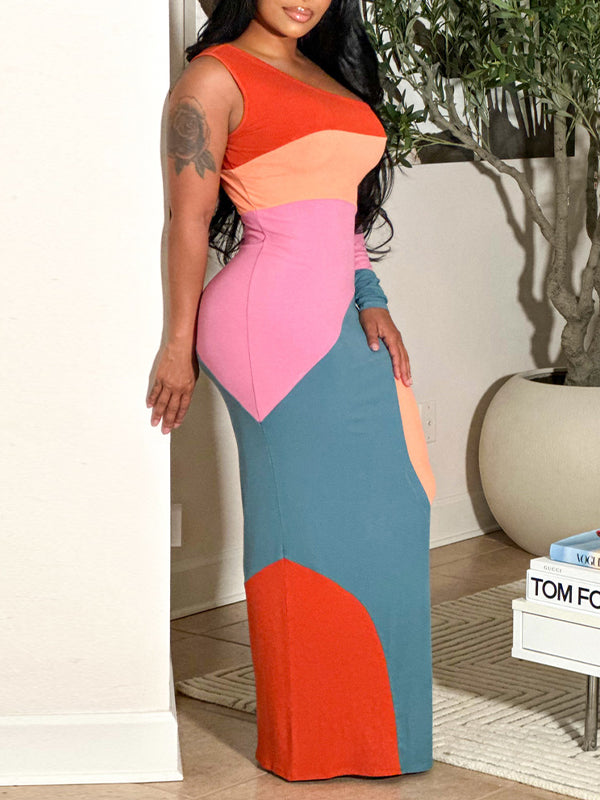 Colorblock Boat-Neck Maxi Dress