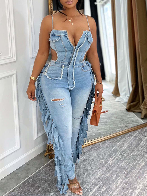 Fringe Cami Denim Jumpsuit