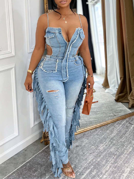 Fringe Cami Denim Jumpsuit