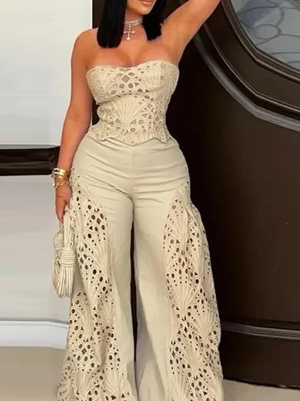 Lace Tube Top & Wide-Leg Pants Set