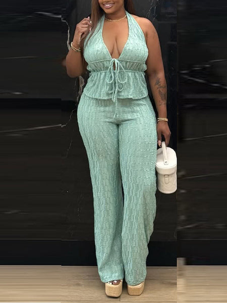 Textured Tied Halter Top & Pants Set