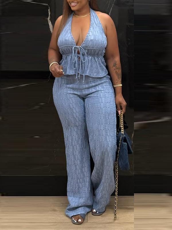 Textured Tied Halter Top & Pants Set